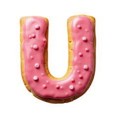 Pink frosted letter U cookie made of soft dough with sprinkles for decorative eating enjoyment
