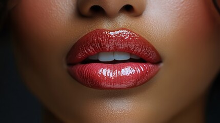 Lip augmentation, dentistry, and beauty treatment results from cosmetology are shown in a close up of beautiful plump lips of african american woman after procedure.
