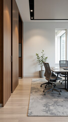 Modern office with acoustical panels on walls.