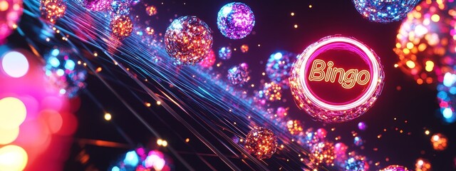 Glowing neon "Bingo" sign with colorful rainbow neon numbers, set against a dark grid background, creating a vibrant and energetic gaming atmosphere.