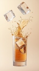 Refreshing Cold Beverage Splash with Floating Ice Cubes