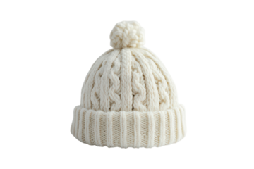 Cozy knitted white beanie with pom-pom resting on a simple background in soft lighting isolated on transparent background