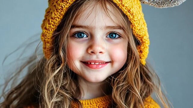 Cute young girl with bright blue eyes smiling joyfully, wearing a cozy yellow hat and holding an easter egg in a cheerful indoor setting