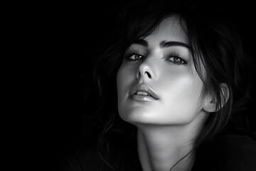 Ultra-high resolution black and white portrait of a woman with dramatic lighting enhanced by color gel effects