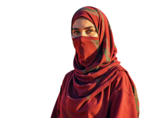 Arab woman dressed in vibrant red attire with intricate patterns showcasing cultural beauty and confidence
