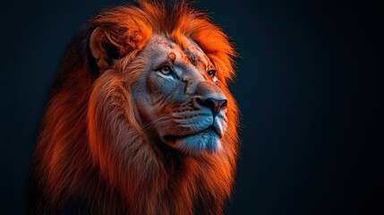 Fototapeta premium Magnificent male lion close-up portrait, lush mane, power, serenity on dark backdrop, captivating image.