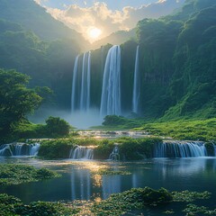 Fototapeta premium Majestic Waterfalls Cascading into Serene Lake Surrounded by Lush Greenery and Sky in Golden Hour Light