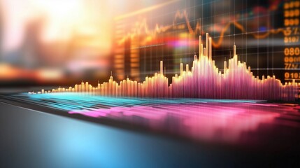 Data visualization, analytics, charts, graphs, business insights, technology trends displayed in colorful progress bars and line graphs