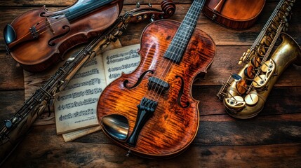 Richly Varnished Violins Saxophone Sheet Music Dark Wood Background
