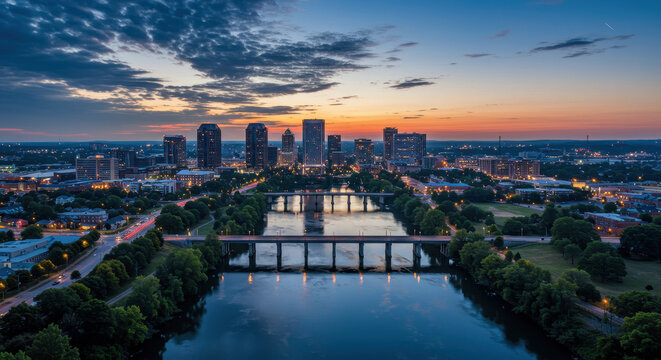 Greenville Twilight: Cityscape Symphony of Lights, River Reflections & Southern Charm at Sunset in South Carolina!