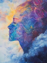 Abstract Woman Portrait with Colorful Clouds Creative Art Illustration