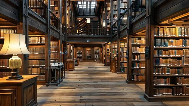 Cozy library interior with wooden shelves, warm lighting, and rows of leather-bound books creating an inviting reading space for book lovers
