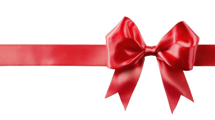 A beautiful red satin bow tied on a smooth ribbon, isolated on a transparent background, perfect for gift decoration.