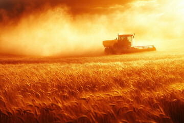 Fototapeta premium Combineer harvesting wheat in a golden field under blue skies.