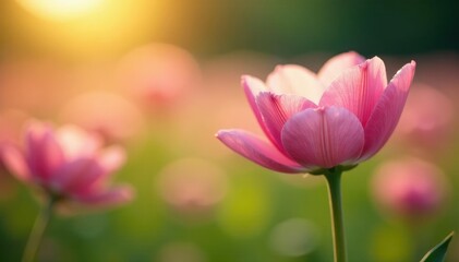 Soft pink petals unfolding in the morning dew, field, flower field