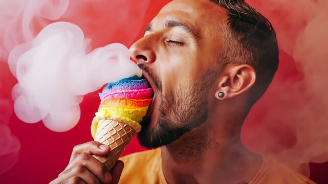 A fit gay man is shown devouring rainbow-coloured LGBT ice cream against a backdrop of red smoke.