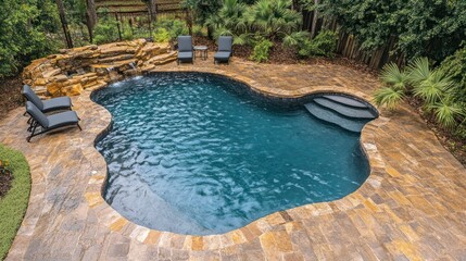 Freeform pool, backyard oasis, stone deck, waterfall feature