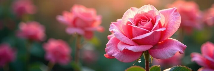 Soft pink rose petals glisten with morning dew and gentle light, nature, dewy, delicate