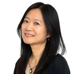 An asian woman, 45 years old, black hair, smiling, wearing a black shirt and a necklace in a transparent background