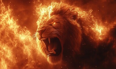 a roaring lion engulfed in flames.
