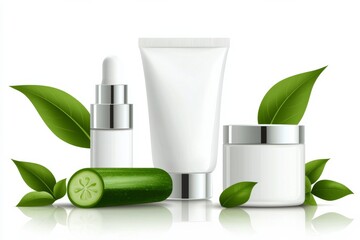 Fresh skincare products with cucumber and green leaves on a white background