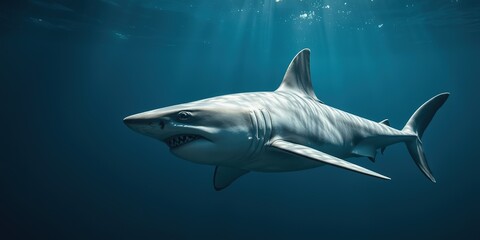 Fototapeta premium Majestic Shark in Oceanic Depths, Space for Text