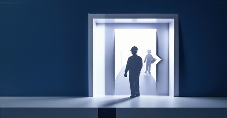 Fototapeta premium Paper cutout of worker standing before glowing exit sign deep navy and soft silver symbolizing job transitions and career changes