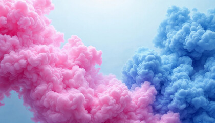 Fototapeta premium Abstract digital art, swirling clouds of pink and blue smoke against a light blue background, the smoke is dense and voluminous, with intricate patterns and textures