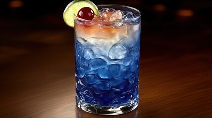 Fototapeta premium Colorful cocktail made with blue curaçao, soda, ice, cherry, and lime on wooden bar surface in a lively evening setting