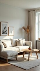 Fototapeta premium Cozy scandinavian living room with minimalist furniture, european, furniture, minimalist