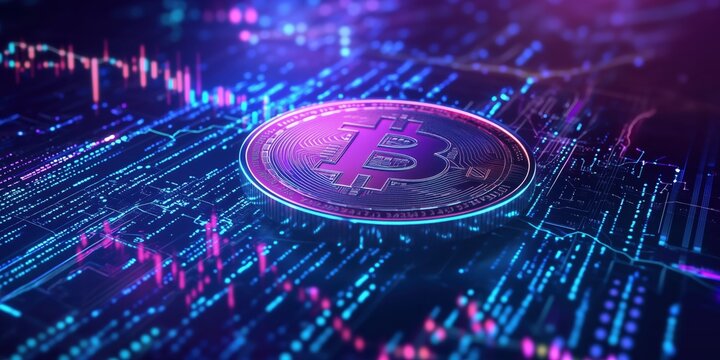 Technical analysis chart displays cryptocurrency trends with bitcoin logo in vibrant colors during market analysis session