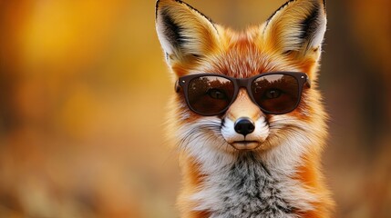 Amidst vibrant autumn leaves, a charming fox in stylish sunglasses stands in a sunlit forest