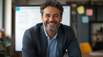 Fototapeta premium A businessman grinning while seated in front of a flip chart