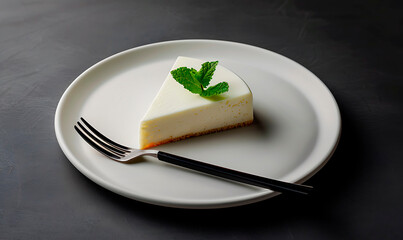 Minimalist cheesecake slice with mint garnish