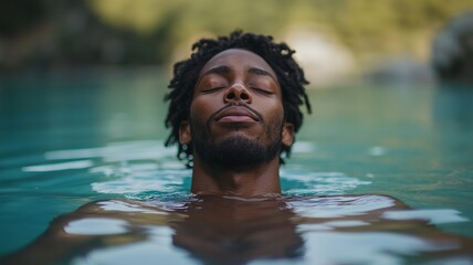 A young man displaying composure in a peaceful setting while lounging in a pool with his eyes closed, Calmly Floating in the Pool