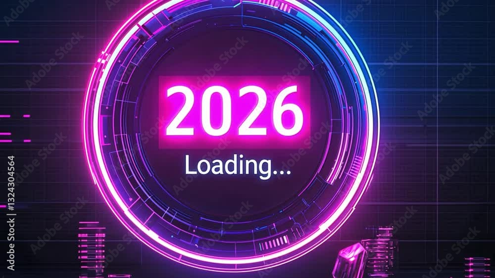 Poster futuristic loading screen with neon glow and digital elements representing the year 2026 in a techno