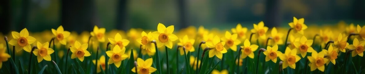 Yellow daffodils blooming in a field against a dark sky background, warm, landscape