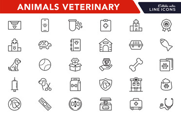 Veterinary, pet, vet, pet shop, dog care, training, cat, food line icons set collection. Outline icon collection. Pets line icons. Lovely animals icon pack. Vaccine, pet care, and dog paw