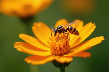 Yellow wasp crawling on a delicate orange flower, bug, entomology, insects