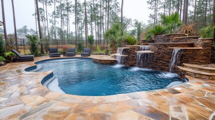 Freeform pool, waterfall feature, backyard oasis