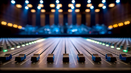 A close-up view of a sound mixing console with illuminated knobs, set against a blurred stage backdrop, creating a dynamic atmosphere for live music.