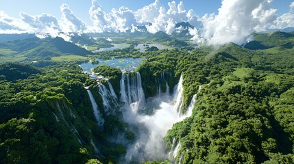 Fototapeta premium Majestic Waterfalls Surrounded by Lush Green Forest and Scenic Landscape Under Bright Blue Sky