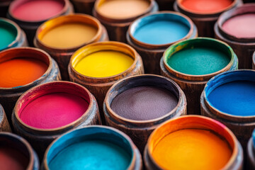 Colorful paint pots arranged in vibrant display