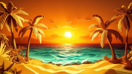 Obraz premium Vibrant sunset over a tropical beach with palm trees in 3D paper cut art glowing orange sky turquoise ocean and golden sand a?