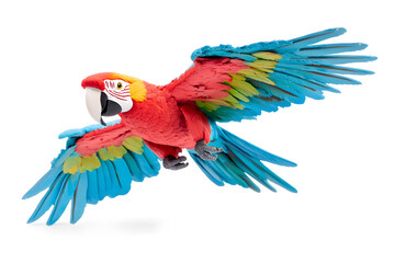 Fototapeta premium Scarlet macaw parrot flying isolated on white background. Macaw Ara (Ara chloropterus) bird