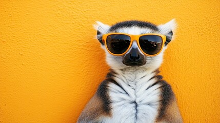 Obraz premium A lemur dressed up in sunglasses strikes a pose against a bright orange background in a sunny outdoor location