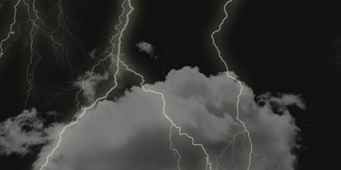 Thunder, lightnings and rain on a stormy summer night in black and white. Lightning bolts in the sky at night. 
