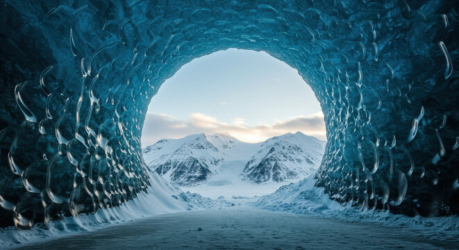 Ice Cave Majesty: Explore a Frozen World of Blue Ice & Snowy Mountains in Iceland's Glacial Wonder