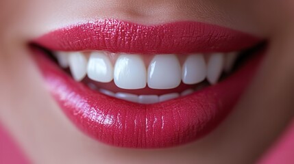 Fototapeta premium Perfect pink lips close-up, slightly open, reveal white teeth and smile on matching pink backdrop for harmonious visual.