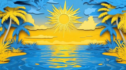 Vibrant yellow and blue tropical sunset with crisp ocean reflections palm trees and sun rays in a high-detailed paper cut comic design.